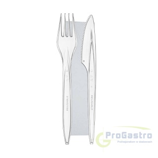 Komplet sztućców jednorazowych Transparent Superior – widelec, nóż i serwetka | Premium 50 sztuk